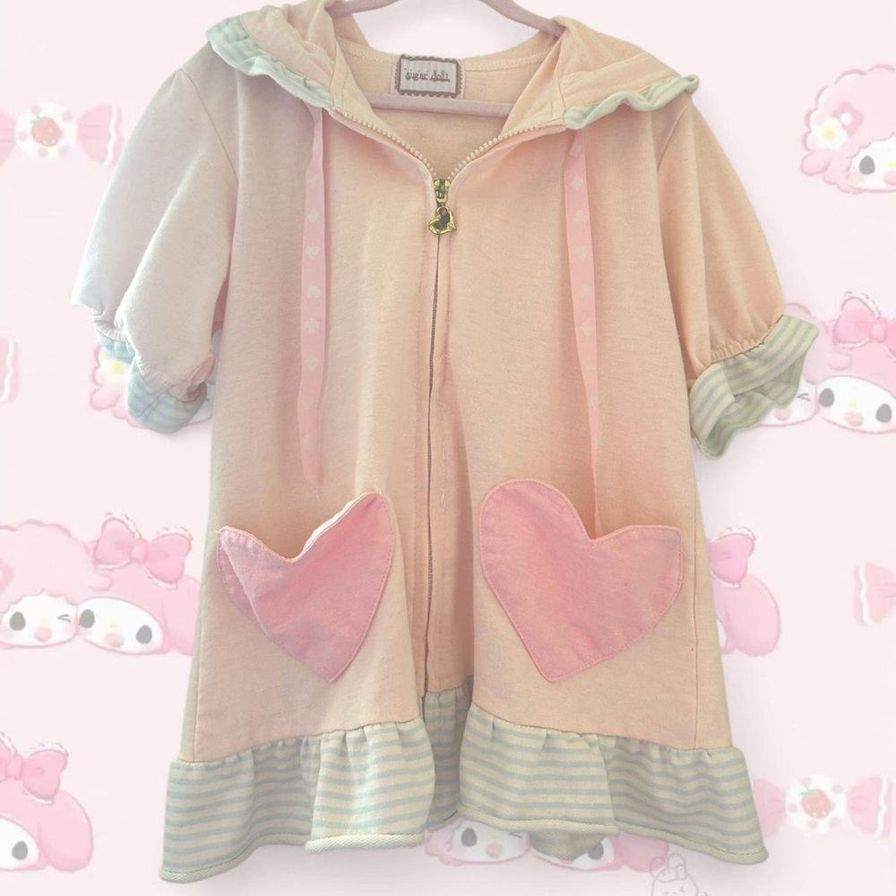 Sugardoll🌸 Bunny Hooded Short Sleeve Jfashion Zip Up w/ Heart Pockets